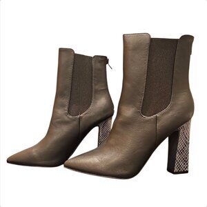 Black Faux Leather Ankle Boots With Snakeskin Block Heels & Back Zipper – Stylis